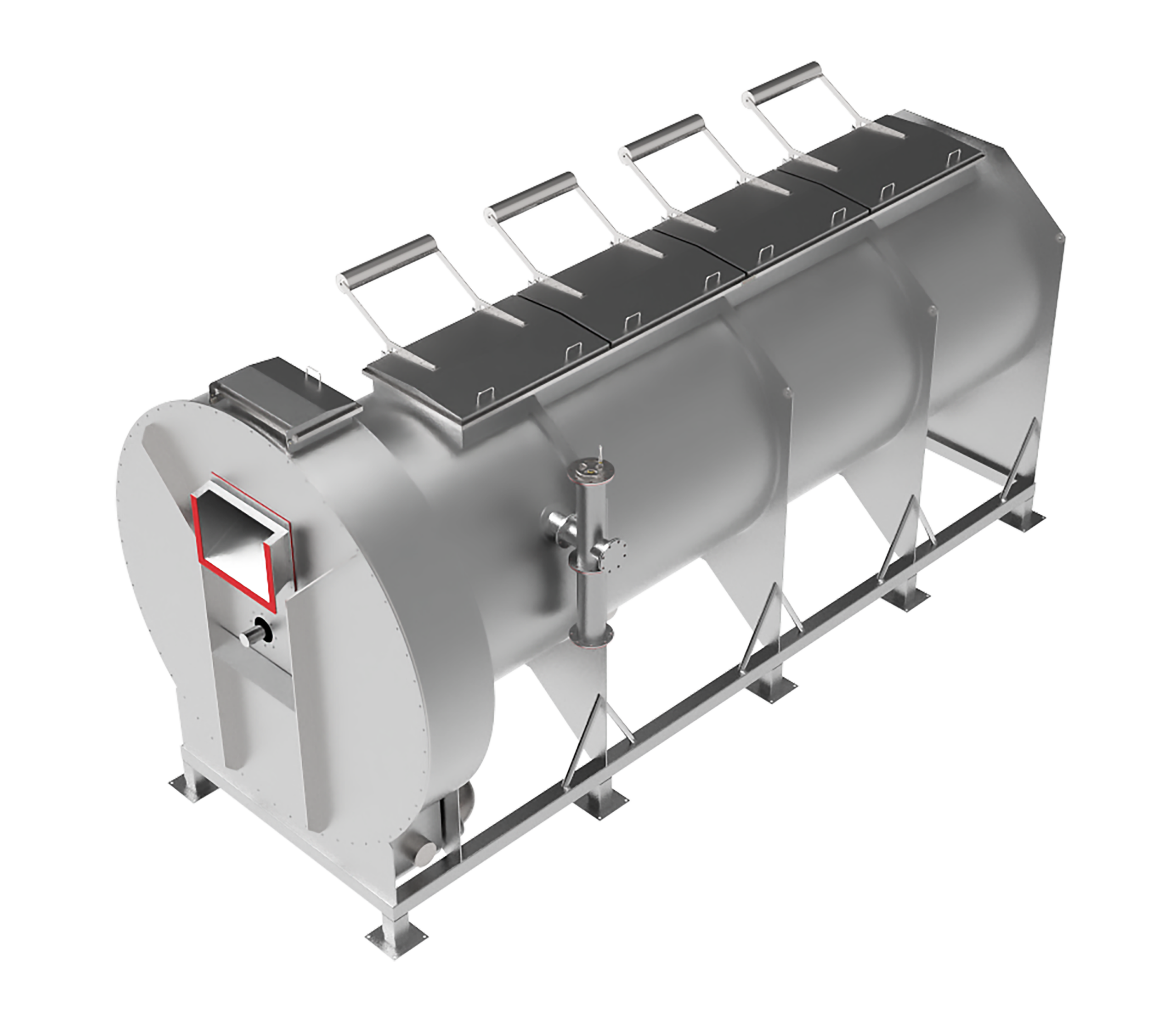 Isometric 3D rendering of a custom stainless steel screw processing system with access lids
