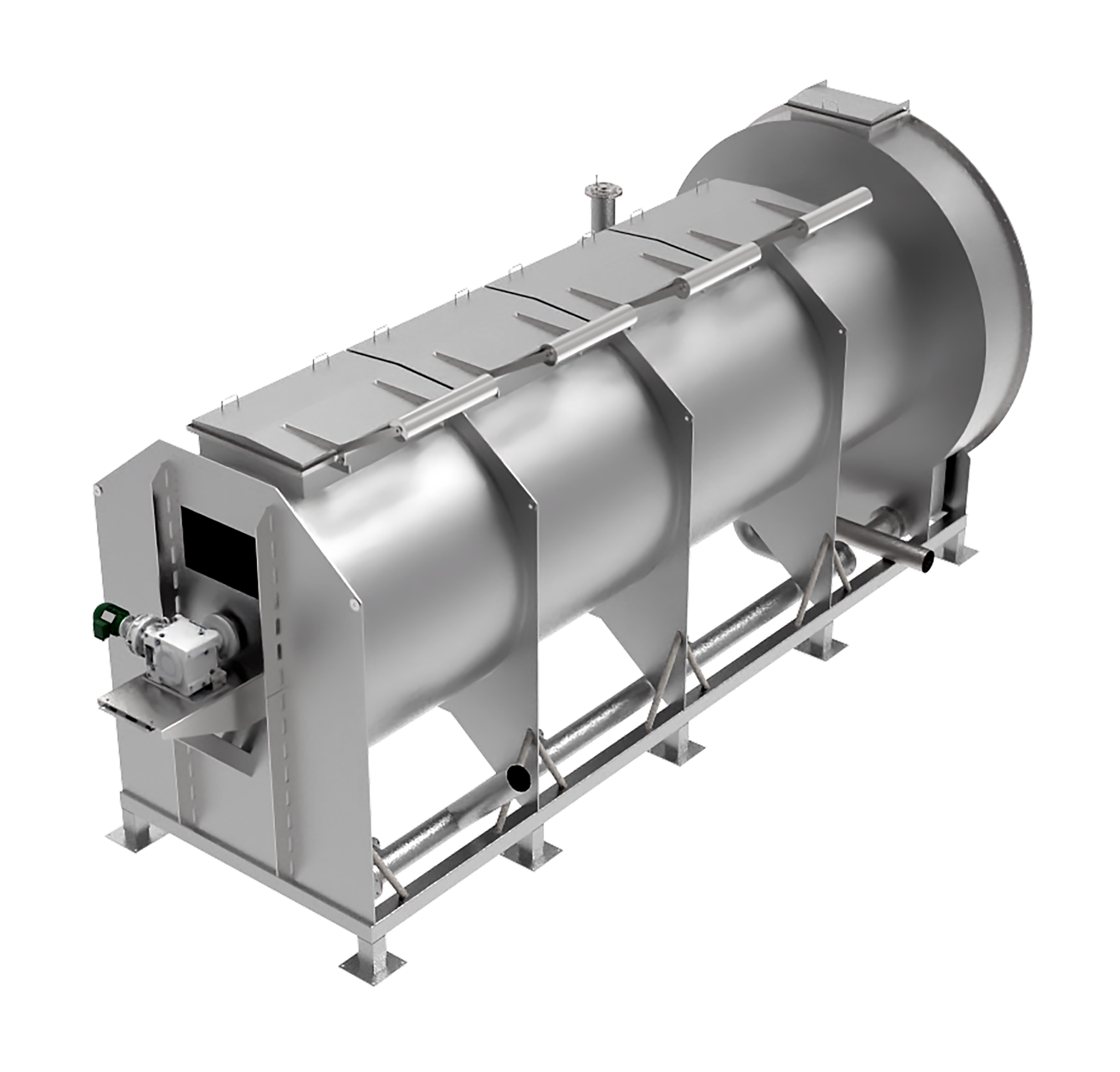Opposite isometric 3D rendering of a custom stainless steel screw processing system