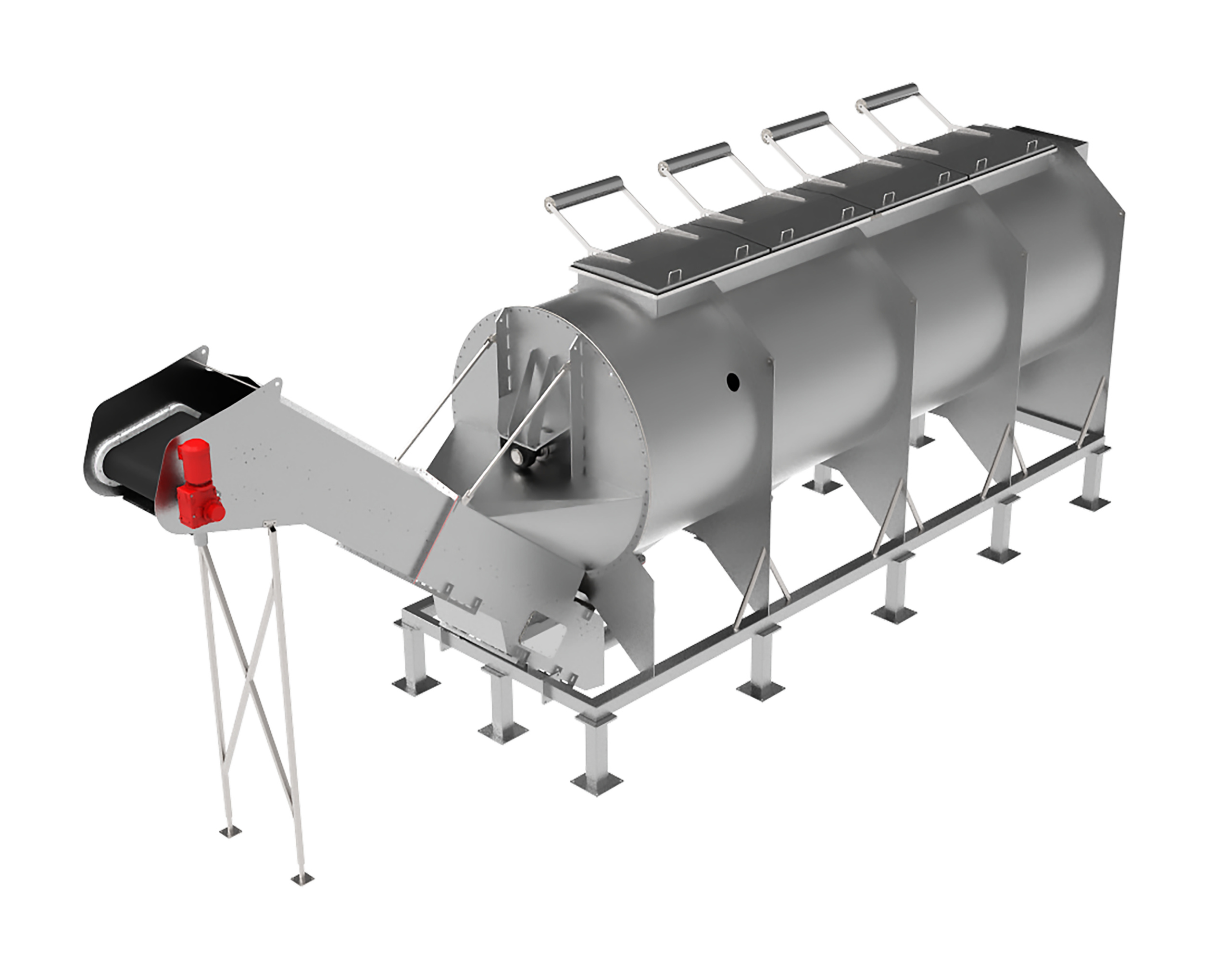 3D rendering of a stainless steel Pre-Heater Chiller 1100 processing system with discharge conveyor