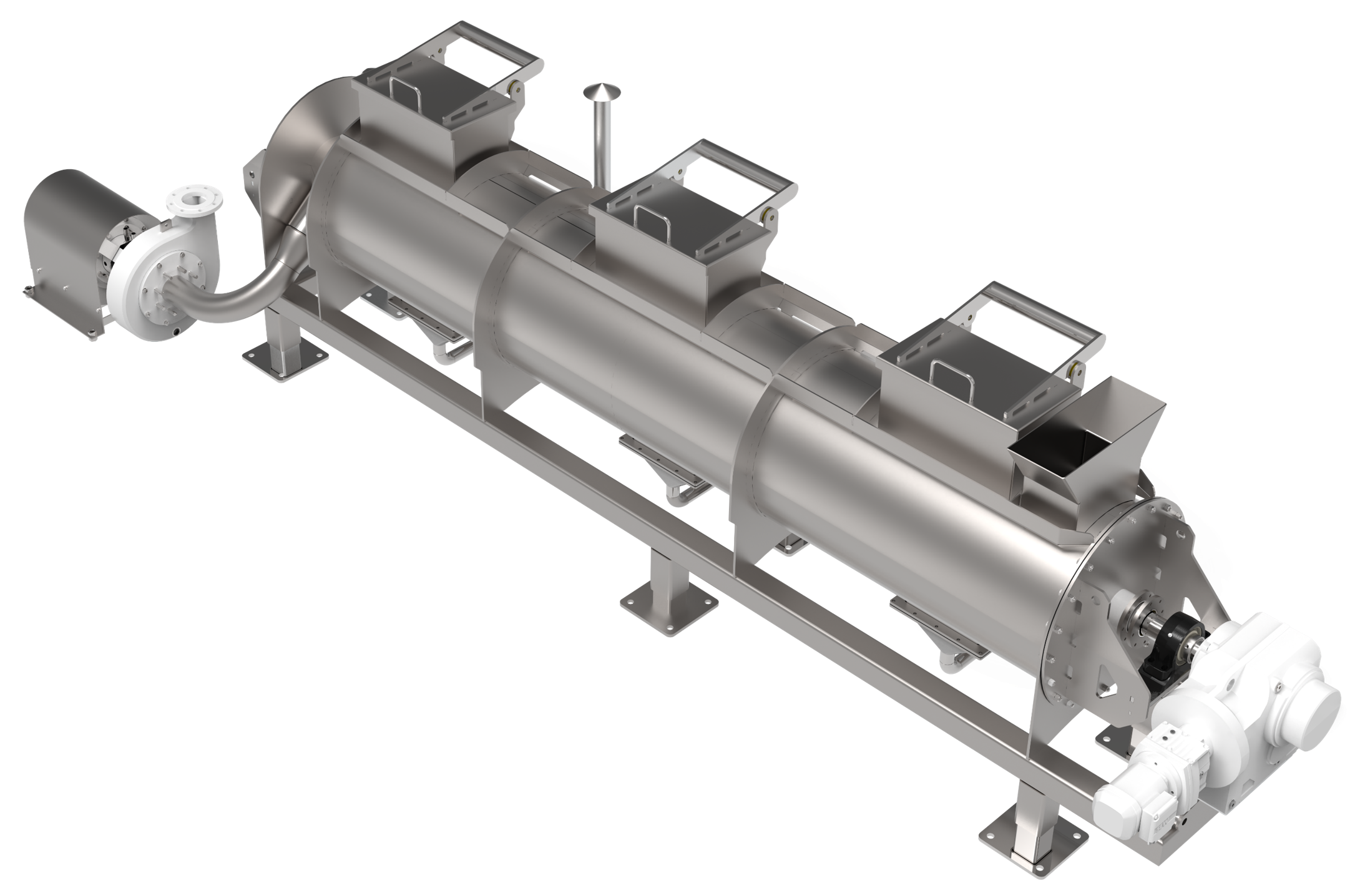 Custom stainless steel industrial pasteurizer with integrated pump, drive motor, access hatches, and support frame